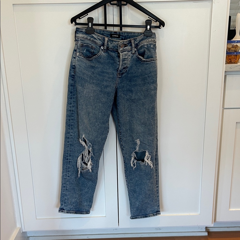 Express Blue Distressed Straight Leg Jeans